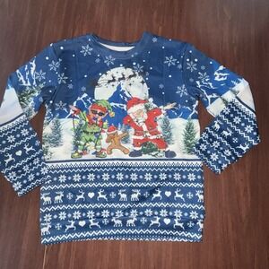 NWOT Besser Bay Kids Sz Medium Blue Crewneck Dabbing Santa Elf & Gingerbread Man